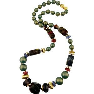 Vintage 1980s Bold Chunky Green Croc Print Crystal Acrylic 35” Necklace